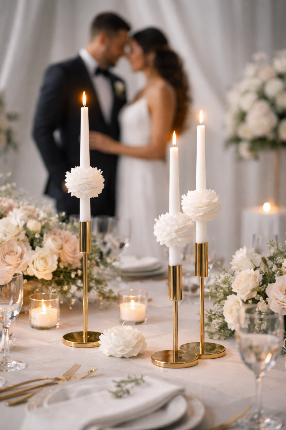 CandleBlooms taper candles styled for a wedding table with florals and candlelight
